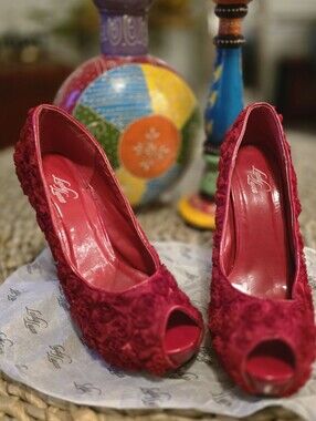 Ladies Red Floral Peep-Toe Heels by